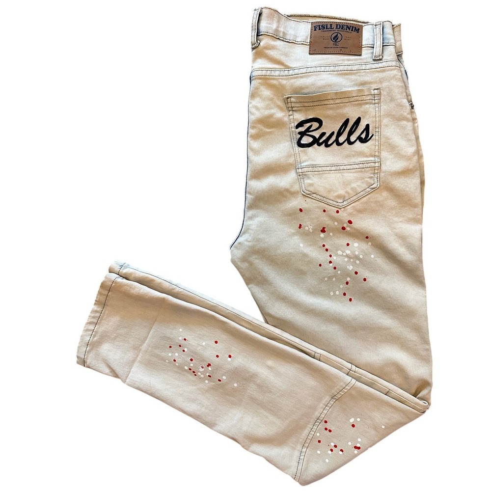 Fisll Denim‎ Chicago Bulls Slim Moto Distressed Jeans Light Wash Mens 34x32 - Picture 2 of 4